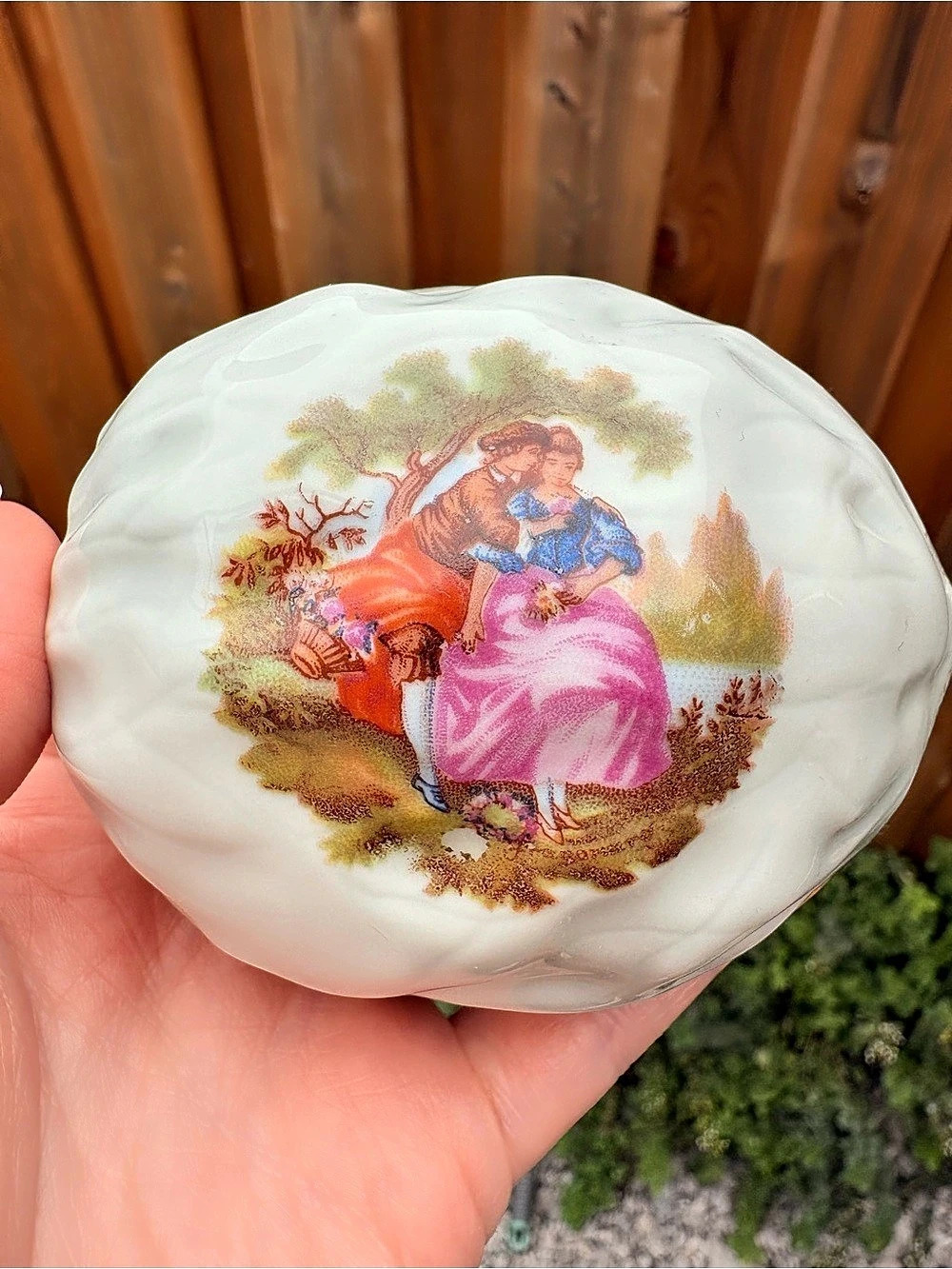 Limoges Porcelain Trinket Box with Painted Couple, White & Gold